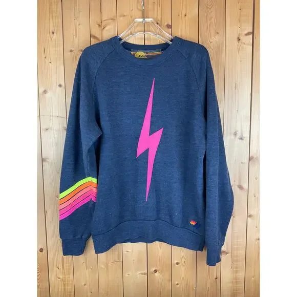 Women's Aviator Nation Bolt Stitch Chevron Crew Sweatshirt, Denim Blue - Size M - Picture 1 of 6